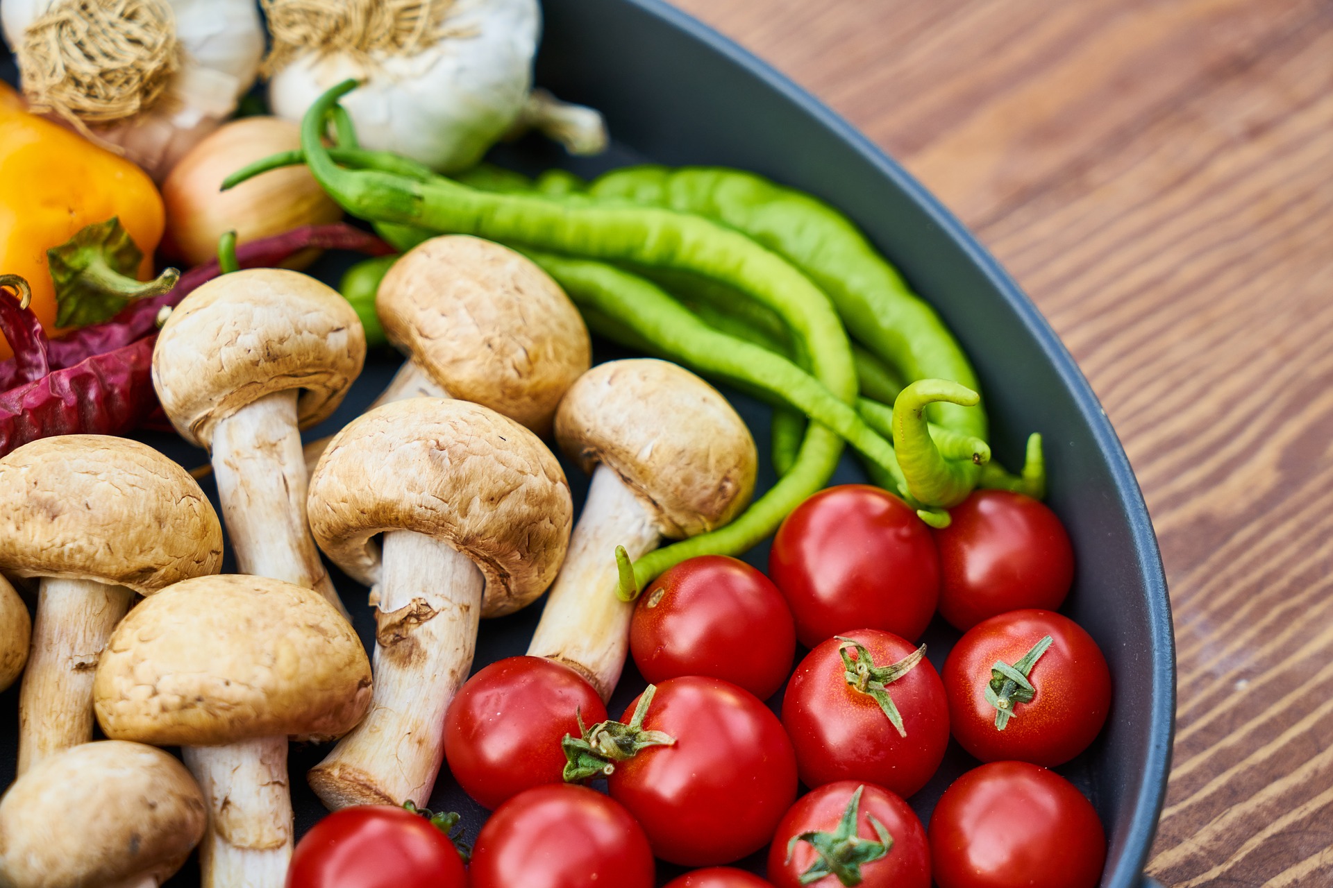 Fresh mushrooms and vegetables in a dish